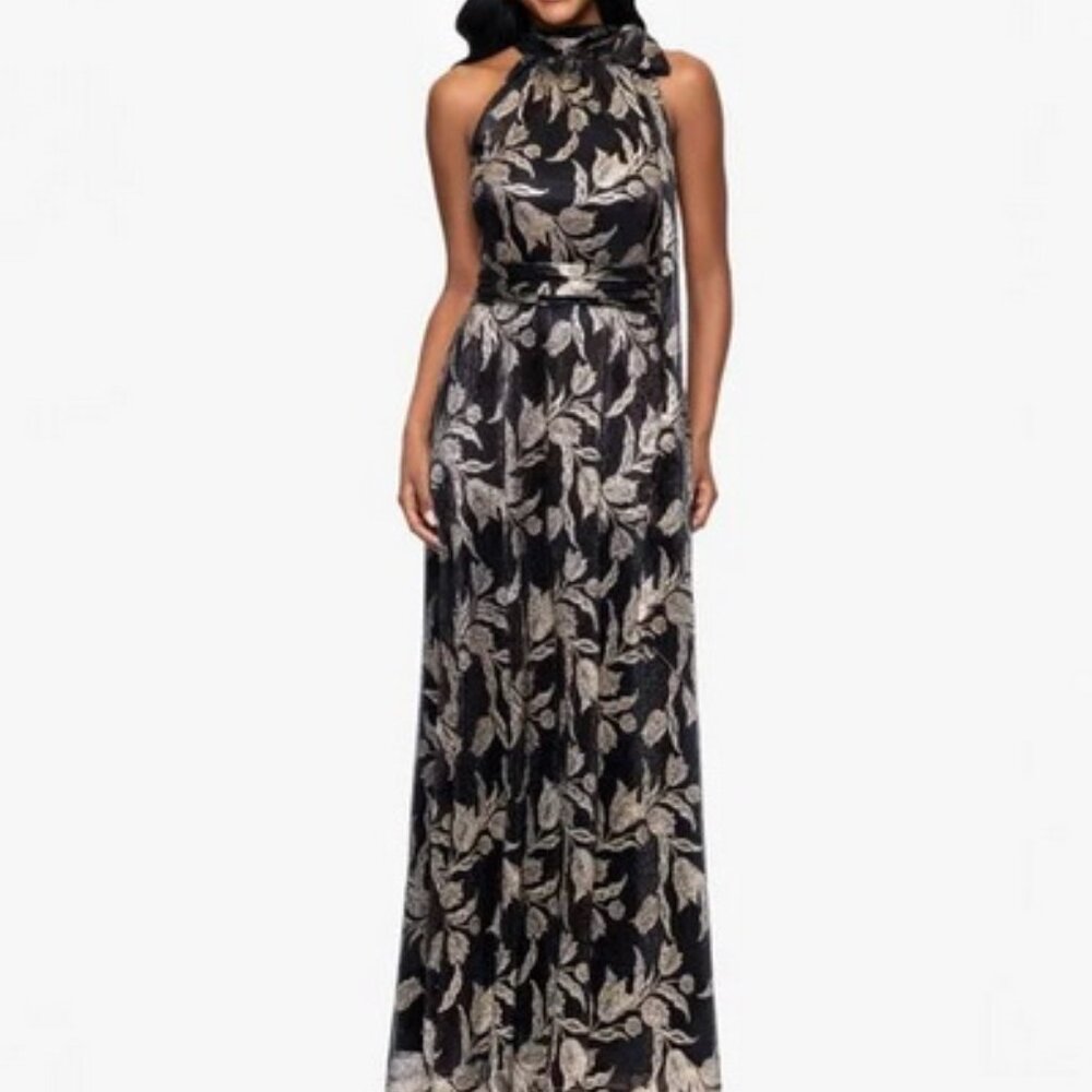 Betsy & Adam Navy Black Gold Metallic Floral Sheath Gown